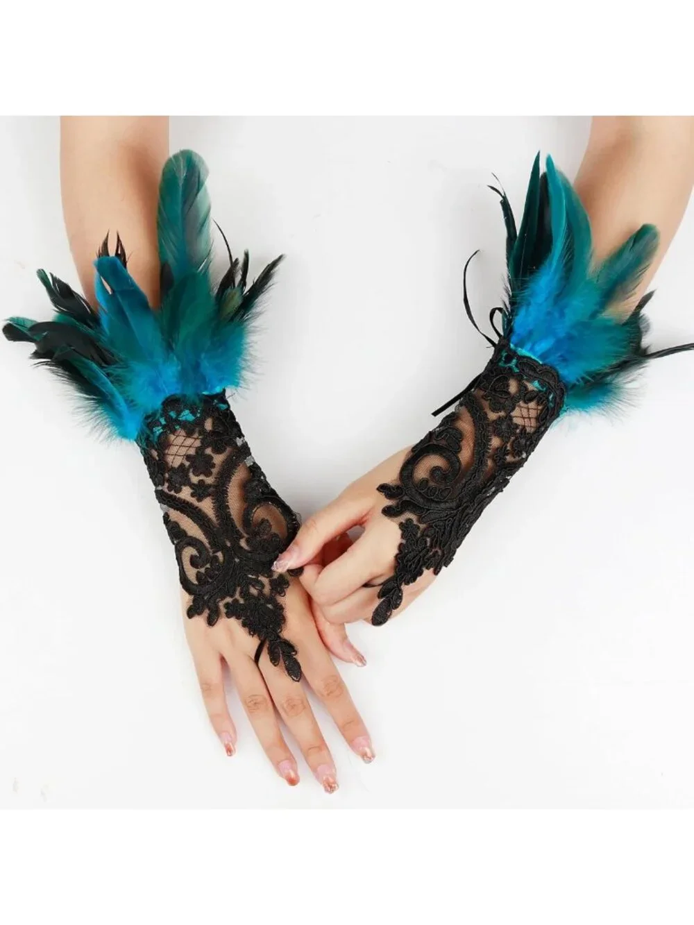 Gothic Black Lace Feather Long Gloves for Women - Halloween Witch Costume